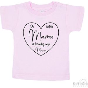 Soft Touch T-shirt Shirtje Korte mouw ""De liefste mama is toevallig mijn mama"" Unisex Katoen Roze/zwart Maat 62/68