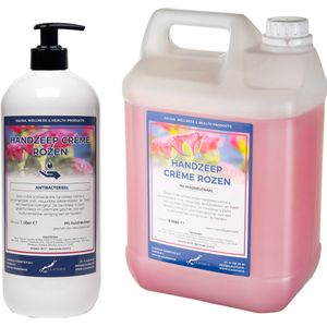 Handzeep Creme Rozen 1 liter met met gratis pompje - hervulbaar + Jerrycan 5 liter navulling