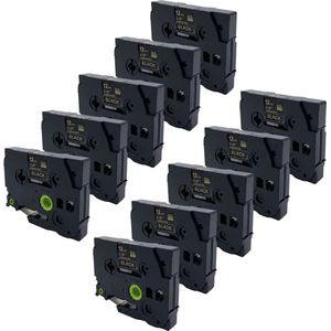 DULA Brother Compatible label tape- Tze-334 - 10 cassettes - Brother P-Touch - Goud op zwart - 12mm x 8m