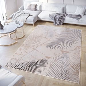 Tapiso Crystal Vloerkleed Beige Grijs Bladeren Modern Tapijt Maat- 300x400