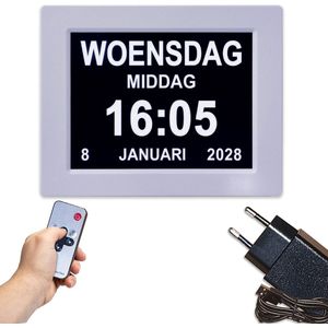 Nifkos Dementieklok met XL beeldscherm - Digitale Kalenderklok met datum, dag en tijd - Alzheimer Klok - Seniorenklok - Wit