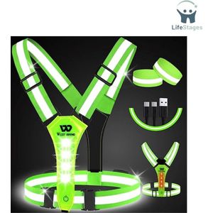 LifeStages - Hardloopvest Met Verlichting - Veiligheidsvest LED Reflectorband - Oplaadbaar USB-Lampje - Jogging Reflecterend Vest - Verstelbaar Looplicht - Voor Volwassenen En Kinderen Hondenuitlaatservice - Kleur: Groen - Roze - Zwart