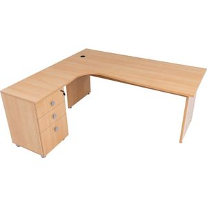 Furni24 Dona hoekbureau, houten onderstel, beukendecor, 180 cm x 120 cm x 74 cm, inclusief zijbak, hoek is links