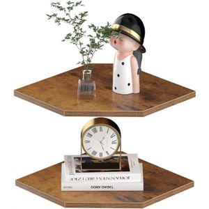 Hoekplank Set Van 2 - Zwevende Wandplanken Met Draadgat - Industrieel Design - Planken Voor Bewakingscamera & Radio - Woondecoratie 42,4 cm - Roestbruin