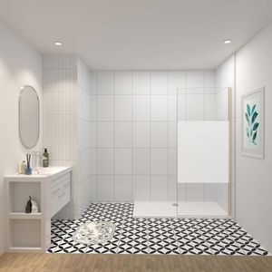 80x200cm inloopdouche, 10 mm wit gematteerd gehard glas in het midden met explosieveilige folie, gouden profiel.