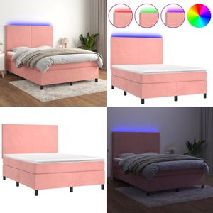 vidaXL Boxspring met matras en LED fluweel roze 140x200 cm - Boxspring - Boxsprings - Bed - Slaapmeubel