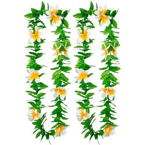 Toppers - Boland Hawaii krans/slinger - 2x - Tropische kleuren mix groen/wit - Bloemen hals slingers