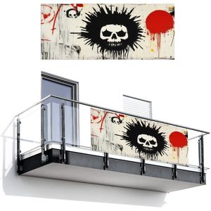 Balkonscherm 300x130 cm - Balkonposter Graffiti - Schedel - Abstract - Rood - Balkon scherm decoratie - Balkonschermen - Balkondoek zonnescherm