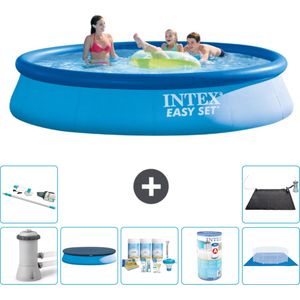 Intex Rond Opblaasbaar Easy Set Zwembad - 396 x 84 cm - Blauw - Inclusief Pomp Afdekzeil - Onderhoudspakket - Filter - Grondzeil - Stofzuiger - Solar Mat