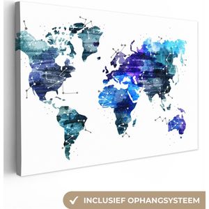 Canvas Wereldkaart - 60x40 - Wanddecoratie Wereldkaart - Blauw - Sterrenhemel - Kinderen - Jongens - Meisjes