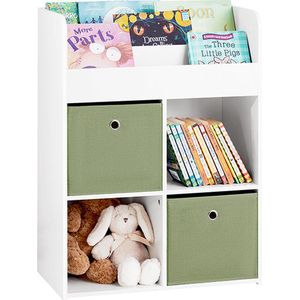 Kinderboekenkast met 2 stoffen dozen - Speelgoedplank - Opbergrek - MDF-constructie - Muurveilig kantelslot - Ruimtebesparend ontwerp - 60 cm x 36 cm x 20 cm