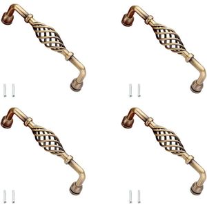 Set van 4 vintage metalen kastgrepen, antieke vogelkooikastgrepen, antieke deurknop met schroeven, ladehandgreep, voor keukenkast, lade, kast