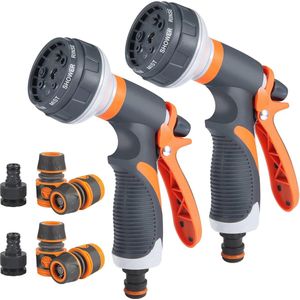 Tuinpistool met 8 Sproei-instellingen voor Planten, Gazons en Reiniging - 1/2 Inch Slang (2 Stuks, Oranje)