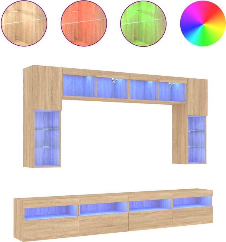 vidaXL - 8-delige - Tv-wandmeubelset - met - LED-verlichting - sonoma - eikenkleur