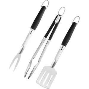BBQ/barbecue gereedschap set 3-delig RVS - tang - vork - spatel - L 45cm - draagbare - multifunctionele barbecuegrilltool en keukengereedschappen - Grillaccessoires -BBQ tang - zwart/zilver