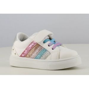 Meisjes sneakers - lage zomer schoenen - wit met regenboog strepen en gekleurde linten - klittenband sluiting - maat 25