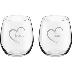 Gegraveerde Drinkglas 39cl Broer met hartje & Zus met hartje