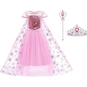 Prinsessenjurk meisje - Elsa jurk -Prinsessen speelgoed - Het Betere Merk - maat 116/122 (130) - Tiara - Kroon - Toverstaf - Verkleedkleren Meisje - Prinsessen Verkleedkleding - Carnavalskleding Kinderen - Roze