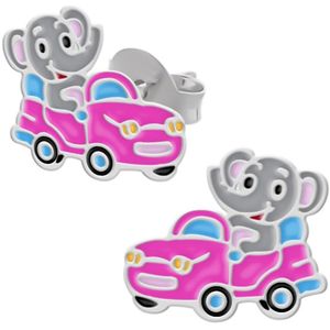 Oorbellen meisje zilver | Zilveren oorstekers, olifant in roze auto