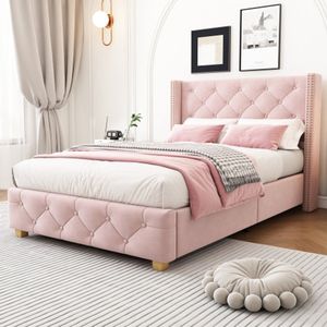 Gestoffeerd bed 90*200cm met lattenbodem en hoofdbord, knoopbekleding, klinknagelbekleding, houten poten, fluweel, roze