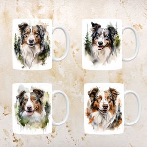 Australische herdershond mokken set van 4, servies voor hondenliefhebbers, hond, thee mok, beker, koffietas, koffie, cadeau, moeder, oma, pasen decoratie, kerst, verjaardag