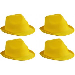 4x stuks trilby feesthoedje geel voor volwassenen - Carnaval party verkleed hoeden