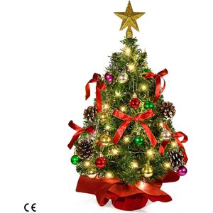 Mini Kunstkerstboom 60 cm met Verlichting, Stickers, Kerstballen en Houten Sokkel - Perfect voor Kantoor of Binnendecoratie tijdens de Kerstperiode