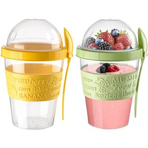 Overnight Oats Container 20oz 600ml - Ontbijtpotten to Go voor Onderweg - Herbruikbare Granenpot met Deksel en Lepel - Yoghurtpot voor Parfait en Crunch Granola - Set van 2 Geel/Groen