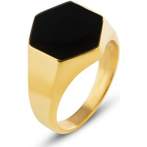 Zegelring Heren met Zwarte Steen - Zeshoekig - Goud Kleurig - Cadeau voor Man - Mannen Cadeautjes Accesoires