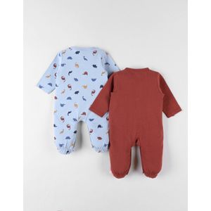 Noukie's - 2 Pack - 1-delige pyjama's - Jersey - baksteenrood/lichtblauw - dino - 3 maand 62