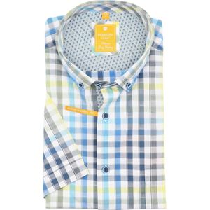 Redmond modern fit overhemd - korte mouw - dobby - blauw geruit - Strijkvriendelijk - Boordmaat: 39/40
