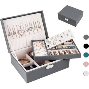 Sieraden Organizer Box voor dames en meisjes, 2-laags grote sieraden opbergdoos voor kettingen ringen oorbellen armbanden (grijs)