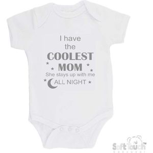 100% katoenen Romper ""I have the coolest mom She stays up with me all night"" Unisex Katoen Wit/grijs Maat 56/62