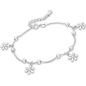 Joy|S - Zilveren armband - Venetiaanse schakel met bolletjes en bloem bedels - verstelbaar van 17.5 t/m 19.5 cm - gehodineerd / rhodium