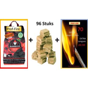 Prof-Fire - 96 Aanmaakblokjes + 1 Zak BBQ Briketten Prof Kwaliteit 4 kg + 1 Doos Extra Lange BBQ Lucifers 28 cm * Fire-Up kwaliteit