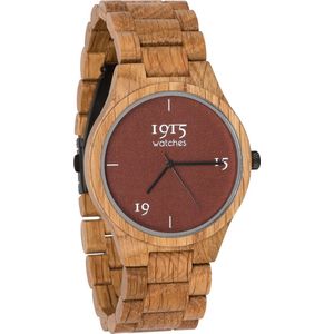 1915 Watch Fine Cotton Madder - Ø 46 mm - Heren Horloge - Eikenhout - Polshorloge - Houten Horloge - 1915 watches - Duurzaam Cadeau - Inclusief Geschenkdoos - Katoen - Herenhorloge - Horloge Geschenkset - Bruin