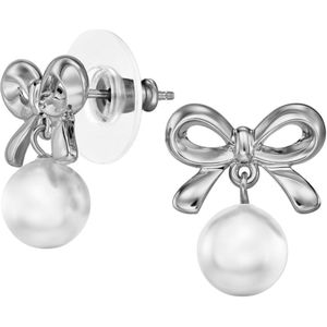 Traveller Oorbellen - Oorstekers Dames - Zilverkleurig - Parel - Ø 6mm - Wit - Strikje - Geplatineerd - 17 x 14 mm - 114340