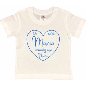 T-shirt Kinderen ""De liefste mama is toevallig mijn mama"" Moederdag | korte mouw | Wit/blauw | maat 122/128