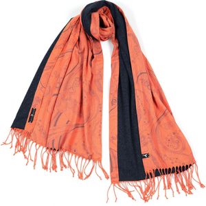 YELIZ YAKAR - Handmade - enkel exemplaar - Luxe dubbelzijdig dames pashmina- katoen blend sjaal/omslagdoek “ Sadr ”- oranje en blauw kleuren - designer kleding- zomer sjaal- luxecadeau