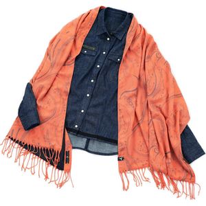 YELIZ YAKAR - Handmade - enkel exemplaar - Luxe dubbelzijdig dames pashmina- katoen blend sjaal/omslagdoek “ Sadr ”- oranje en blauw kleuren - designer kleding- zomer sjaal- luxecadeau