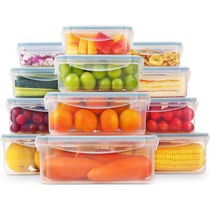 voedselbewaarcontainer met deksel, 12-delige kunststof voorraadcontainerset, BPA-vrij, 100% lekvrij, stapelbaar, transparant