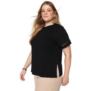 Trendyol Zwart Gebreid T-Shirt Van 100% Katoen Met Ronde Hals En Kanten Details Tbbss23Bf00009