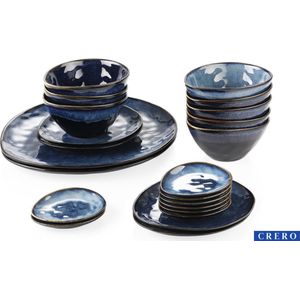 CRERO Luxe Serviesset - 22 delig - Keramiek servies - Bordenset - Serveerschaal - Ontbijt borden - Bowls - Schaaltjes - Blauwe vintage look