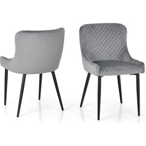COSTWAY Set van 2 eetkamerstoelen met rugleuning en metalen poten, gestoffeerde stoel, keukenstoel, zithoogte 50 cm, grijs