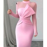 Roze elegante kwaliteit mesh paneel lange mouw midi-jurk, taille gedefinieerde feestjurk met split