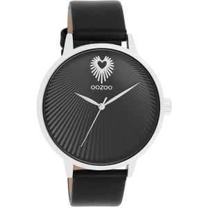 OOZOO - Dameshorloge - Zilverzwart - Leren Armband - Spatwaterdicht