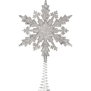 Kerstboom piek - platte sneeuwvlok - kunststof - zilver glitter - 20 cm