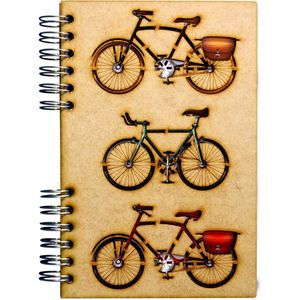 KOMONI - Duurzaam houten notitieboek - dagboek - Gerecycled papier - Navulbaar - A6 - Gelinieerd - Vintage fietsen