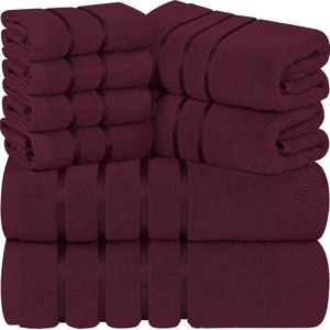 Bordeauxrode Handdoekenset 8 - Stukje, Viscose Streep Handdoeken - Ring Gesponnen Katoen - Sterk absorberende Handdoeken