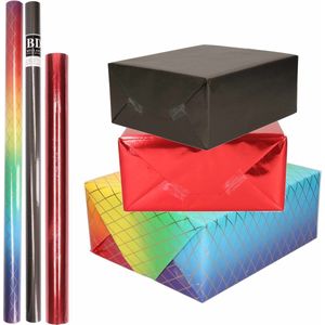6x Rollen kraft inpakpapier regenboog pakket - regenboog/metallic rood/zwart 200 x 70/50 cm - cadeau/verzendpapier